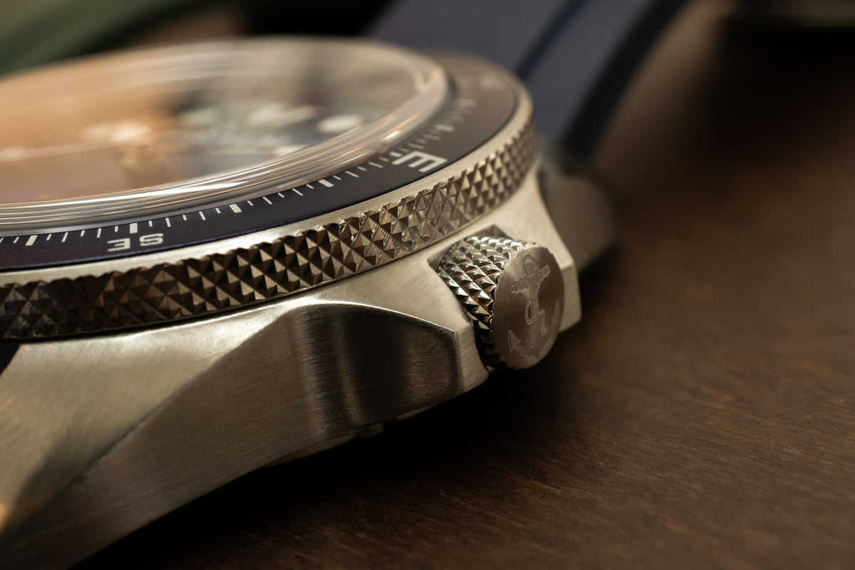 Crown and case detail of a MALM Commander watch