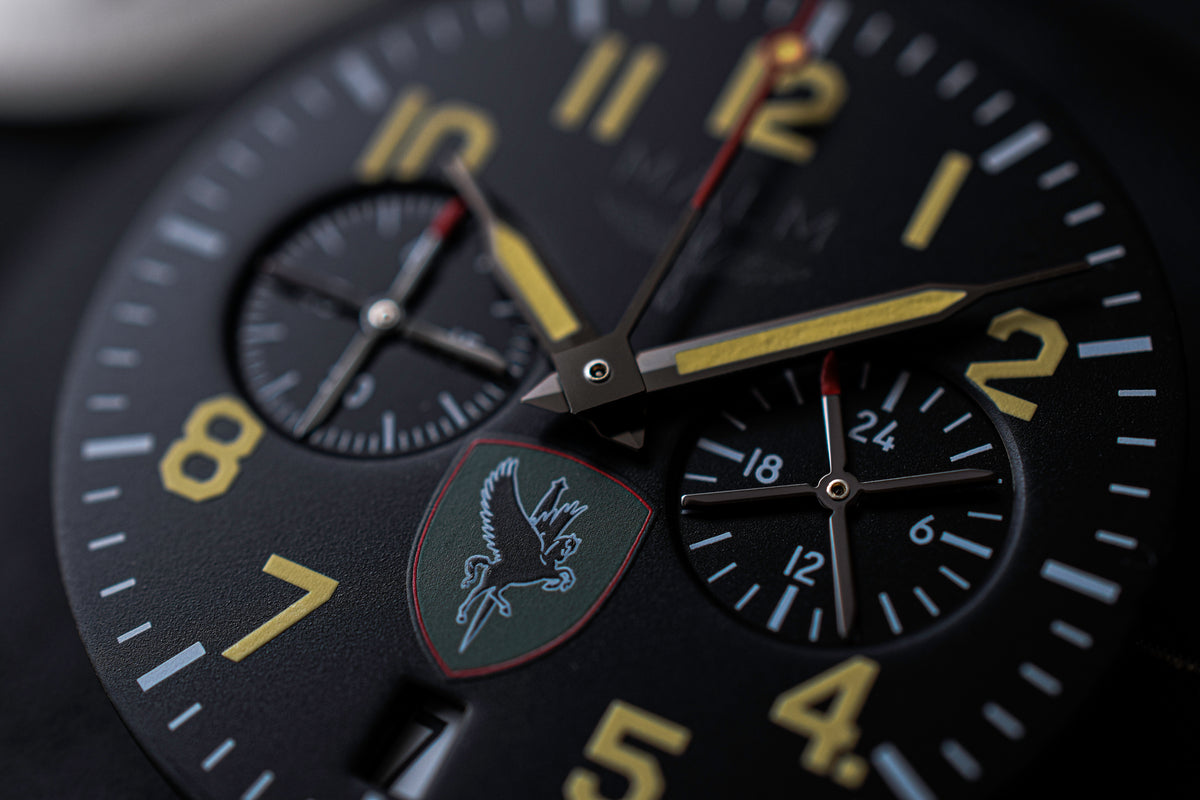 Dial detail of a MALM collaboration watch