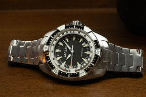 frogdiver swiss automatic watch with black dial and silver bracelet